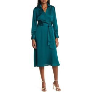 Tahari ASL Long Sleeve Hammered Satin Faux Wrap Midi Shirtdress, Size 10, NWOT